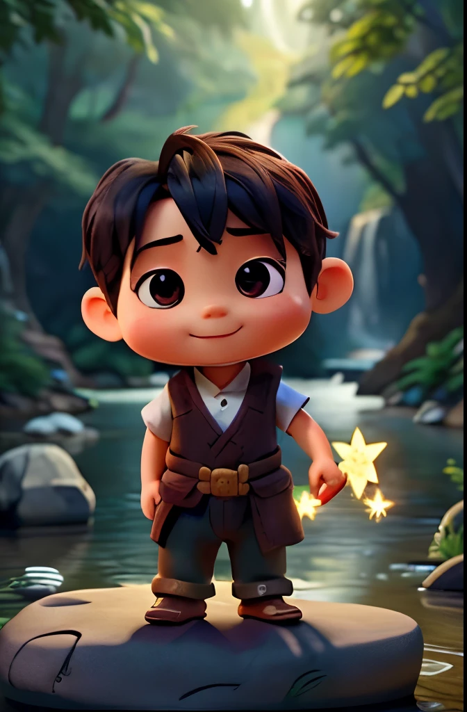 Greedy Little Jie (Greedy Xiaojie). In the scene, depict Little Jie standing by a river, holding a magical, sparkling stone. He has a greedy expression on his face, looking at the stone with wide eyes and a mischievous smile. The setting should be a lush forest with tall trees, and the river should be clear and flowing gently. Add a sense of magical ambiance with some sparkles or glowing effects around the stone and Little Jie. Little Jie should be wearing simple, rustic clothing suitable for a village boy, with a slightly disheveled appearance.