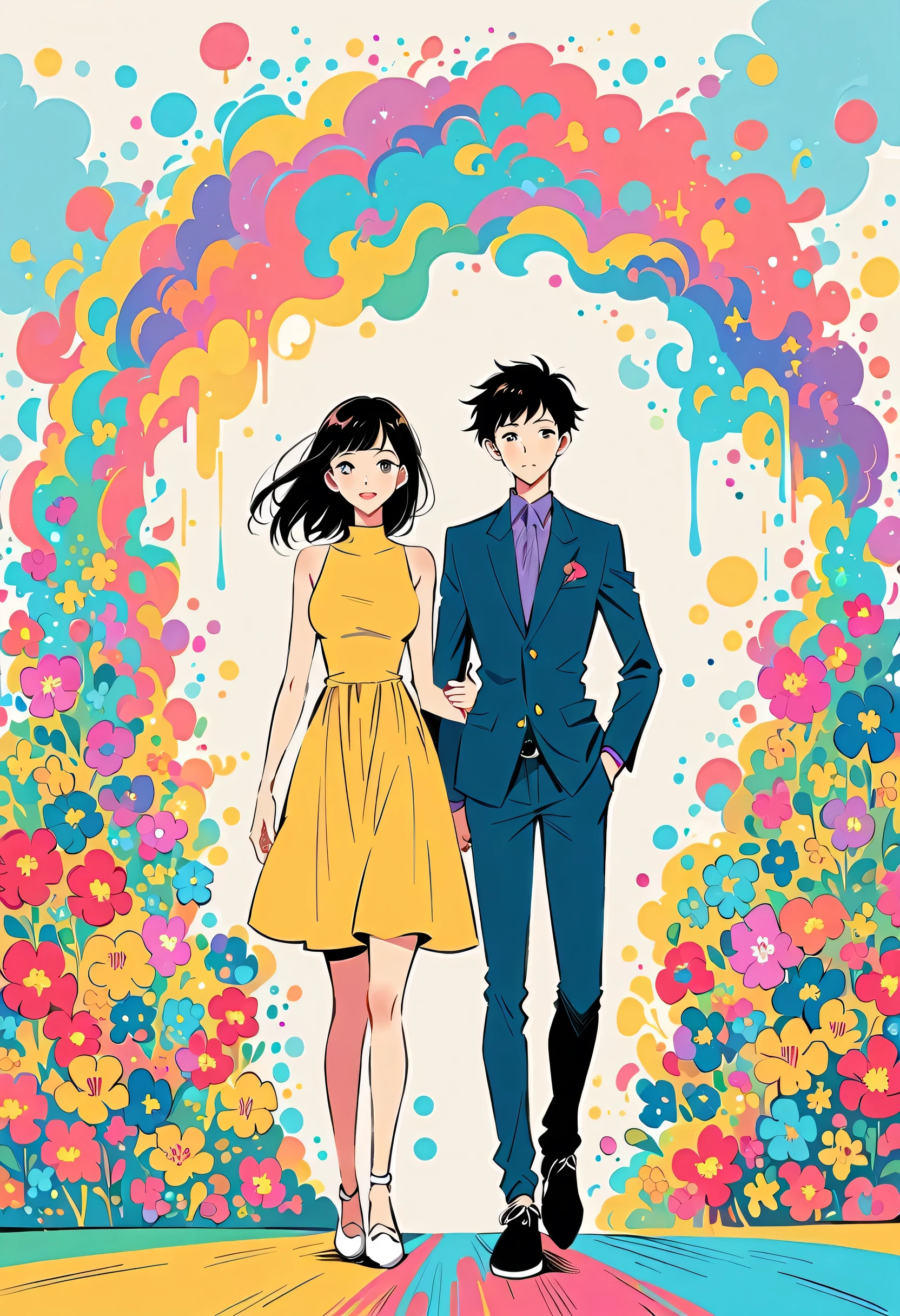 Watase Seizo style, Standing in front of a high wall,Simple Line Initialism,Abstract art,Urban Background, (((The most beautiful girl))), Lips in Love, walking, colorful flowers