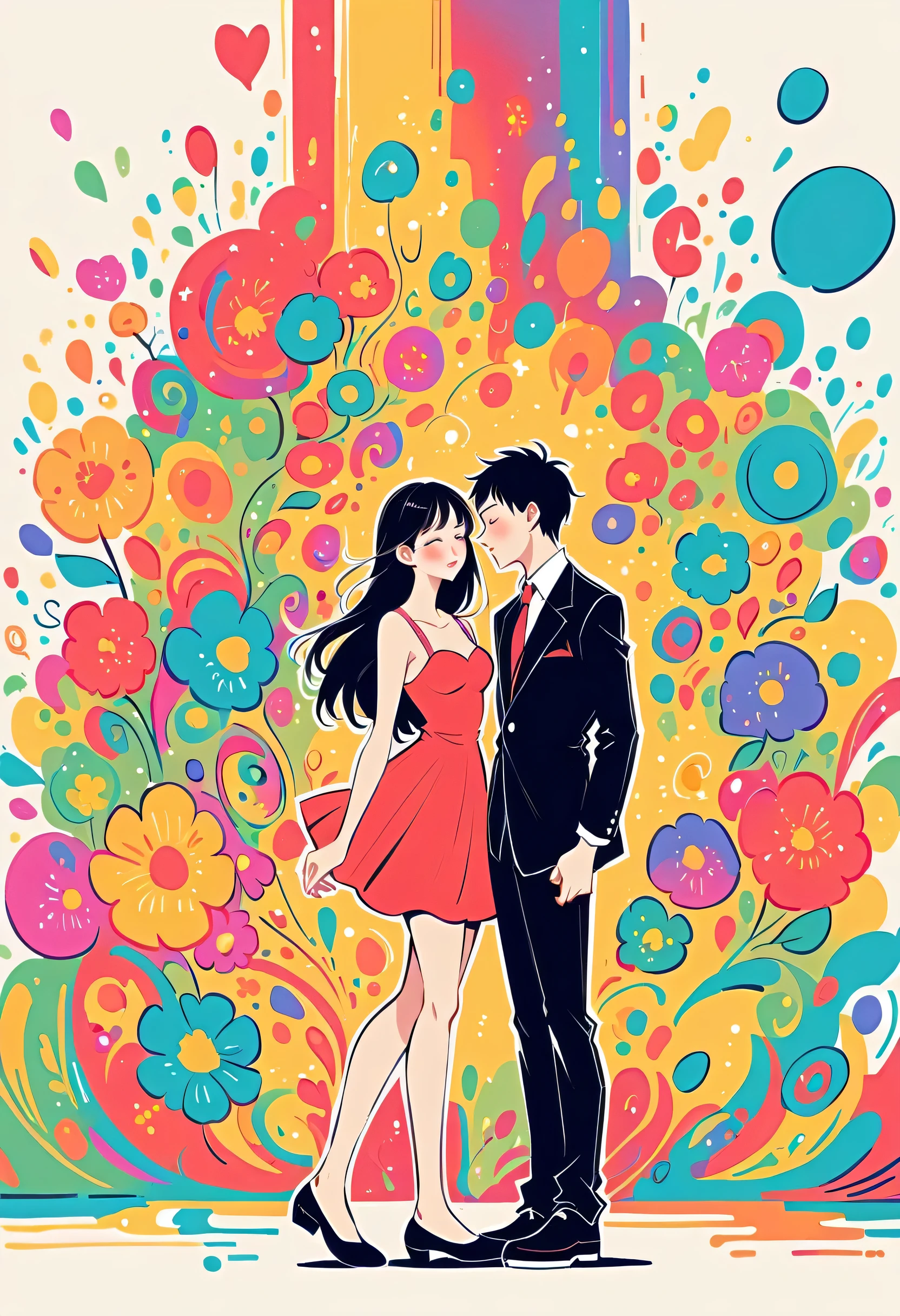 Watase Seizo style, Standing in front of a high wall,Simple Line Initialism,Abstract art,Urban Background, (((The most beautiful girl))), Lips in Love, colorful flowers