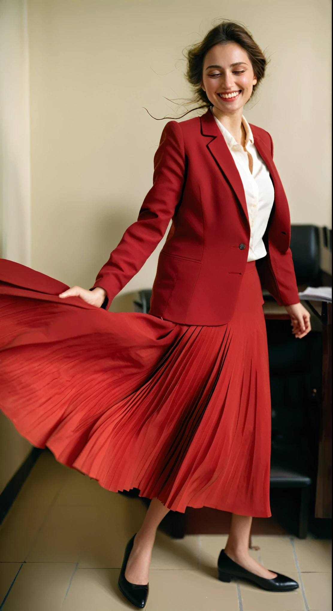 A smiling, authentic, (shy:1,3), kind, beautiful woman, is passionately in love with her skirt, wind wildly flowing her skirt, wearing short blazer and (long (fully pleated) full circle skirt) and (low heeled court shoes), very, very intricate hyper-detailed symmetric (attractive graceful young feminine face) with (sad, tired eyes and a loving smile), very voluptuous breasts, full of empathy and compassion and love, (pronounced (feminine) features), (highly detailed ultra accurate realistic) hands and fingers, (windy), epic composition, highly detailed attributes, (35mm f1.4 Kodak portra 400 photograph), extremely high quality RAW photograph, highly detailed atmosphere, sci-fi, cinematic shot, dynamic lighting, 75mm, Technicolor, Panavision, cinemascope, sharp focus, fine details, 8k, HDR, realism, realistic, key visual, film still, superb cinematic color grading, depth of field