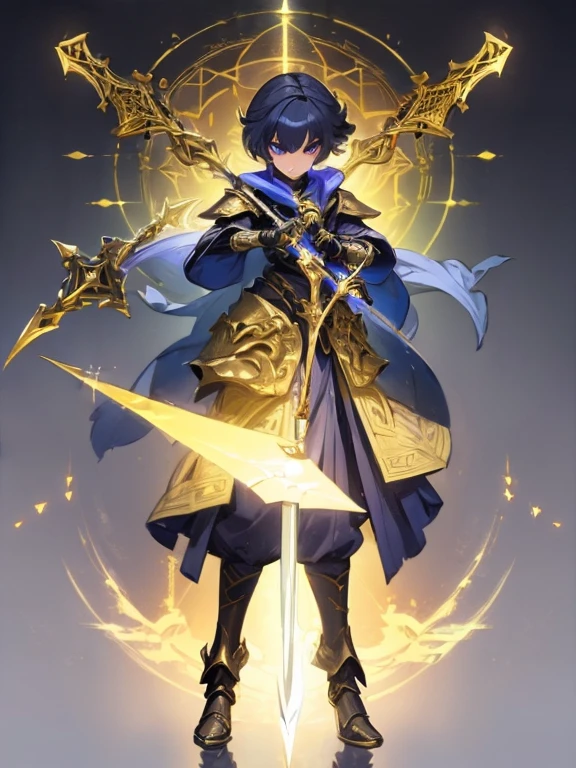 Design a layout showcase Gaming character, (1girl). Golden+Purle clothes, stylish and unique, ((showcase weapon:1.4)), magic staff, (masterpiece:1.2), (best quality), 4k, ultra-detailed, (Step by step design, layout art:1.5), (luminous lighting, atmospheric lighting), magican, ((glove full hands)), (((revealing clothes:1.3))), vambraces, armored legwear, (((full_body_shot:1.4)))