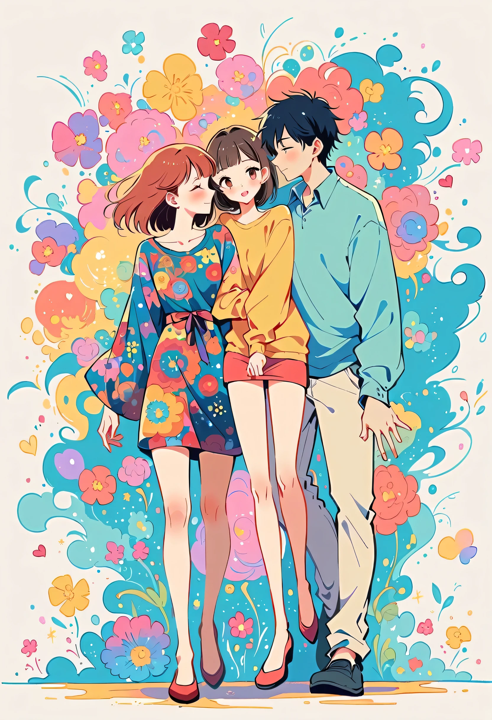 Watase Seizo style, Standing in front of a high wall，Simple Line Initialism，Abstract art，Urban Background, (((The most beautiful girl))), Lips in Love, walking, colorful flowers
