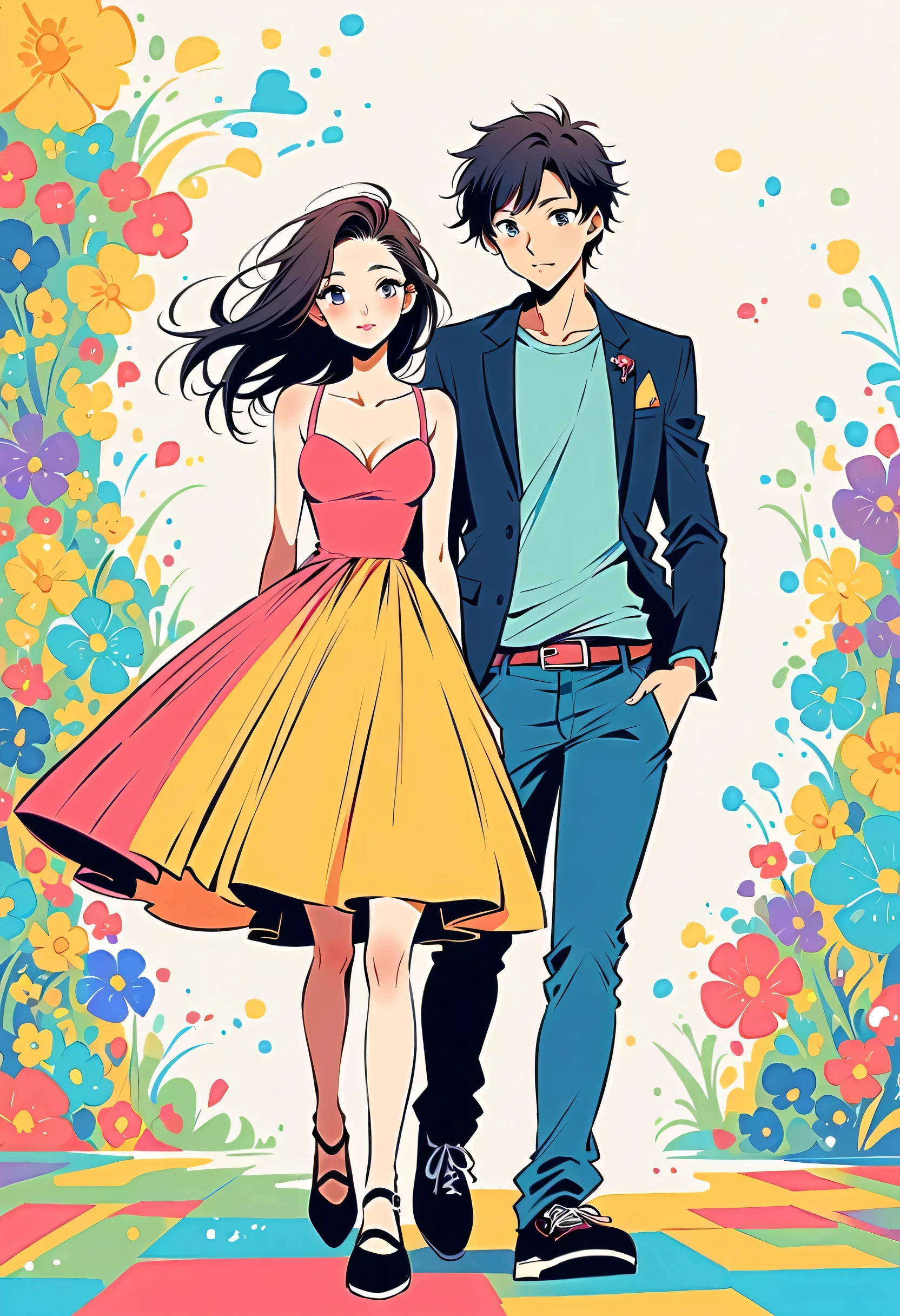Watase Seizo style, Standing in front of a high wall,Simple Line Initialism,Abstract art,Urban Background, (((The most beautiful girl))), Lips in Love, walking, colorful flowers
