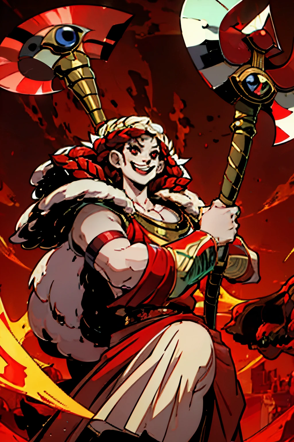 1girl, red themed young woman, very scarlet red hair, red eyes, pale skin, brown fur demeter bolero, bestial red toga, short red gown, reavealing tribal outfit, (weapon:axe), equipped with an axe, fighting posture, preparing to fight, smiling, greek city flames background, hades background, chaos, hades style, hadesstyle, princess mononoke, mythology