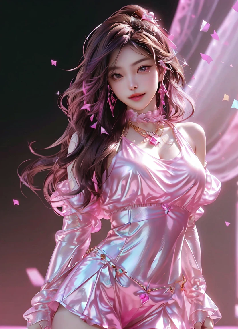 (8K Ultra HD、Digital SLR Camera、Soft Light、high quality、Volumetric Lighting、frank、photo、high resolution、4k、8K、Bokeh),(Rich details on the eyes and face,warm color, Very saturated colors,Show a charming smile, Perfect face, Pretty Face, black eyes,Skin is transparent and visible, Shirasawa skin,cosmetic, necklace, Jewelry,veil,Hair accessories),(Create stunning images of real girls, warm light, Dynamic poses, Elegant Posture, Cowboy lens, front看起来自信,front,Standing,Open your legs slightly,Golden Ratio Graphics,Minimalism, ), (black background),((((Pink theme)))),Chinese female students,brown hair、Gradient hairstyles,(Sexy,Perfect breast shape、Very detailed breasts,34E cup)