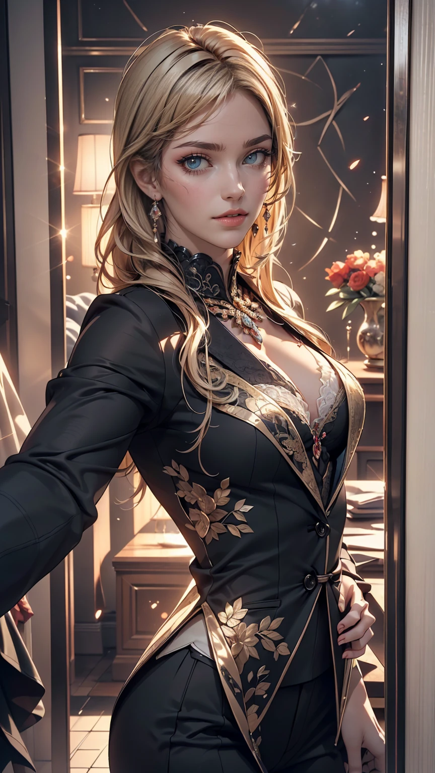 (original) , (Highly detailed wallpaper) , (highest quality) , (masterpiece) , Photographic reality, Realistic, Highly detailed illustration , Beautiful Eyes, (Delicate face) , Perfect detail, (Best lighting) , (Very intricate details) , Super detailed, , Kogal,((Selfie)), ((Black Suit 1.5)), , 4K Integration, (Super fine CG: 1.2) , (8k: 1.2) , Realistic, Octane Rendering