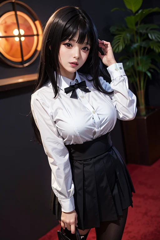 peeing self , Shit, Pooping, Shit breaks , tropical rainforest , steam , waistband of skirt is at the point above chest , Tight shirt , white Shirt , school girl , skirt under breasts , skirt is near breasts area , skirt is adjacent to the chest , jabami yumeko, black hair, long hair, blunt bangs , red jacket, shirt, black skirt , big breasts , pikkyyumeko pikkyyumeko, 1girl, solo, looking at viewer, black hair, bangs, blunt bangs, long hair, very long hair, hime cut, red eyes, glowing eyes, breasts, large breasts, , shirt, red jacket, jacket, white shirt, collared shirt, lips, blazer, black pantyhose, mary janes, full body,