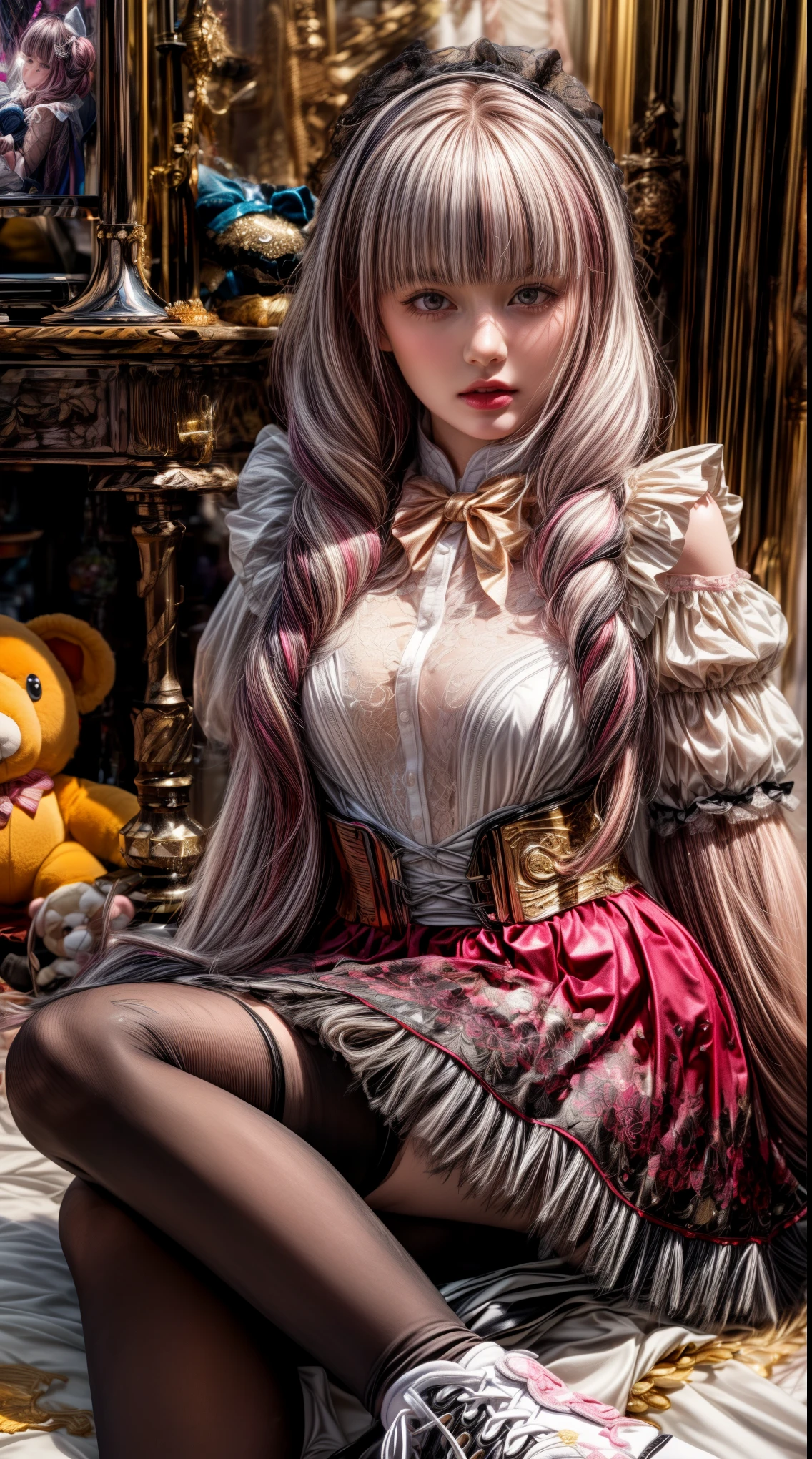 Mature Woman、Pink Hair、Light gray hair、((Two-tone hair))、White Lolita dress with delicate pink decoration、Slender women、Cute Woman、 8K Ultra HD,Detailed face、Delicate texture, Long Hair、(((Blunt bangs)))、(((Drill Hair)))、Tutu skirt、Thigh-length lace tights、short boots、((Ethnic Lolita))、mini skirt、A room in a Western-style building、((Delicate photo))，(Girl Astepeace RAW Photo Details:1.25), (highest quality:1.6), (超A high resolution:1.5), (Realistic:1.75), 8K resolution, Canon EOS R5, 50mm, Absurd, Super detailed,Cinema Lighting、((stuffed toy:1.25))、(nsfw)、(Leg spread)、bow、((Border pattern panties))