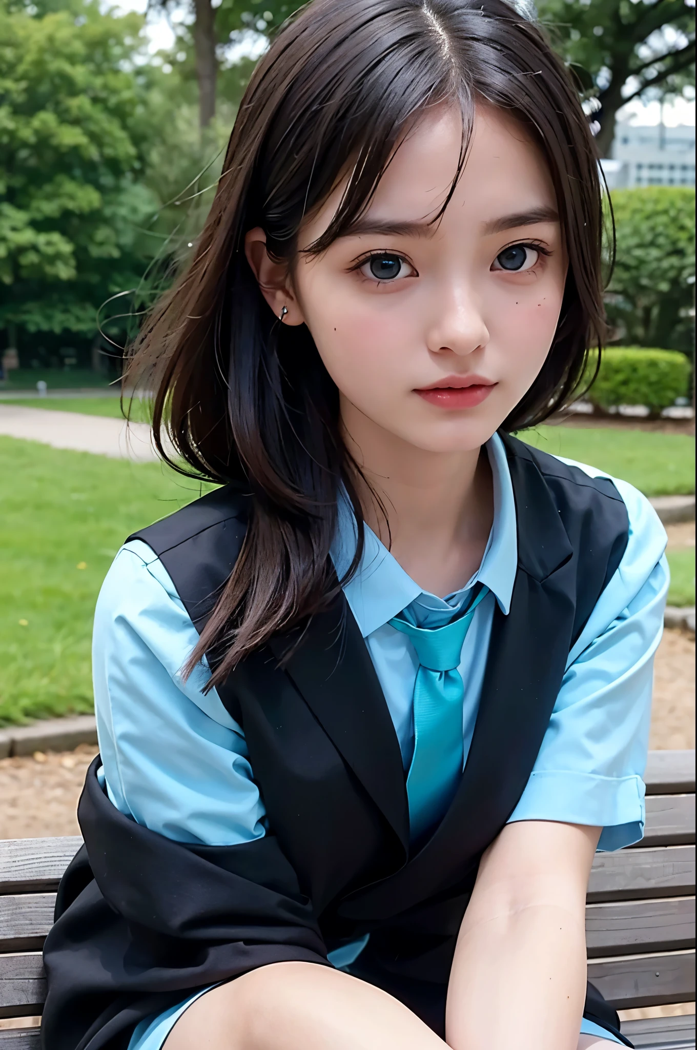 One Girl, (Beautiful girl, Delicate girl:1.3), (:1.3),
break, (Black business suit, Blue tie:1.2),
break, (Lush green park, Sit on a bench:1.2),
break, Very beautiful eyes, (Symmetrical eyes:1.3),
break, Small breasts, Brown eyes, Parted bangs, Brown Hair, (Upper teeth, The best smile:0.2),
break, (Eye and facial details:1.0),
break, (masterpiece, highest quality, Super detailed, Detailed face, 8k)