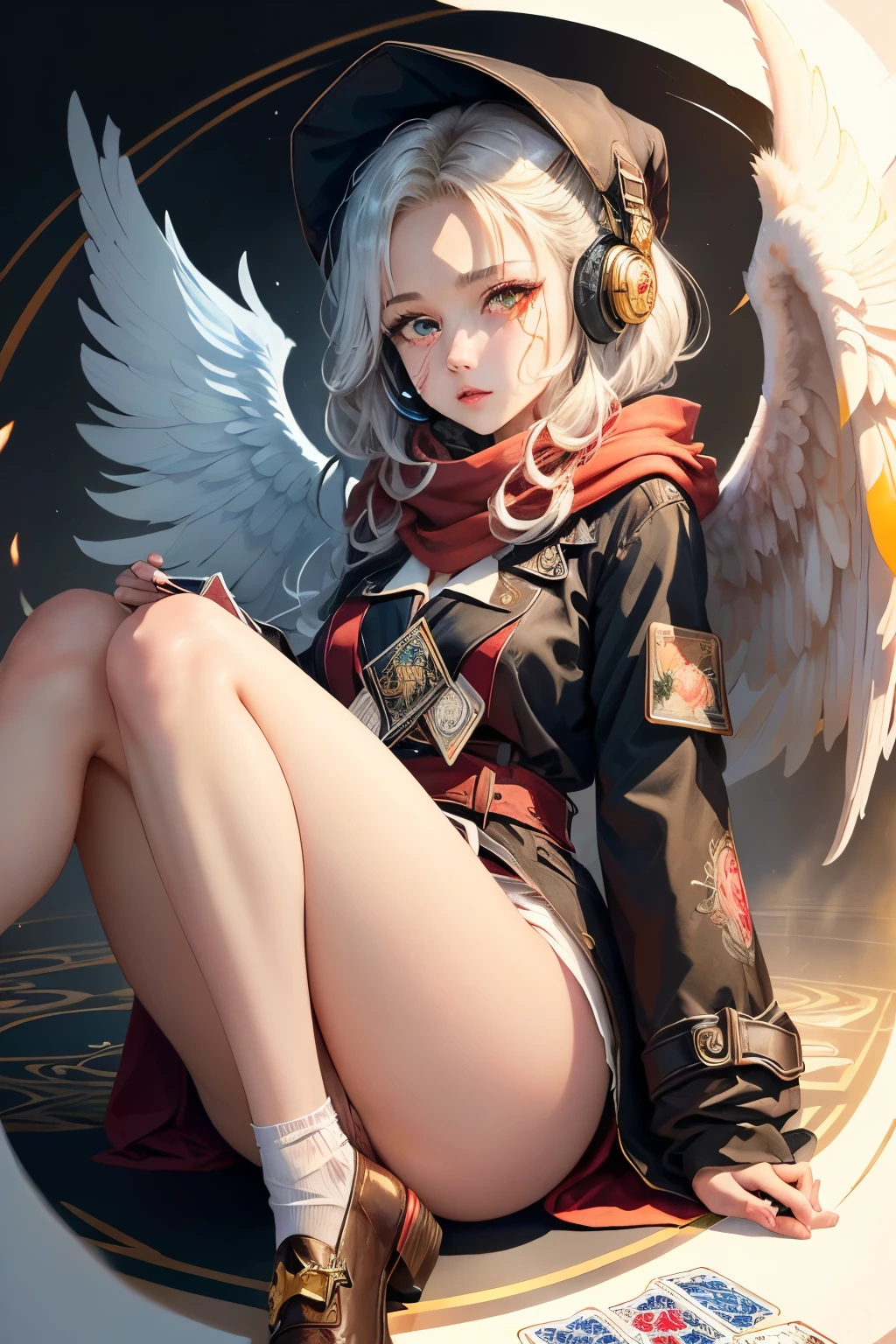 ((best quality)), ((masterpiece)), (detailed), perfect face ((best quality)), ((masterpiece)), (detailed), perfect face(Golden ratio:1.2),(Fault color:1.3),[(White background:1.4)::10], (full bodyesbian:1.2),(Ultra-detailed:1.3),(tarot:1.6),(magister (tarot):1.6), (Paper:1.2)（Red and white color background） (colorful ink paper flower grow on the face:1.2), s girl，White hair，Red glowing eyes, sportrait, photorealestic,（（（Red and white trench coat））），（Red scarf)，a black pleated skirt，black t-shirts，longer sleeves，（（With a hood））Red and white headphones，((Multiple pairs of angel wings))，side-lighting, the wallpaper, NSFW, Depicting female characters from ethereal anime in a high-quality anime art style，，，8K，Red and white shoes with a sense of technology，Technology-enabled headsets (chaotic geometric images:1.3),(nagative space:0.8),(Drawing board:1.3), (ether colorful ink flowing:1.3)