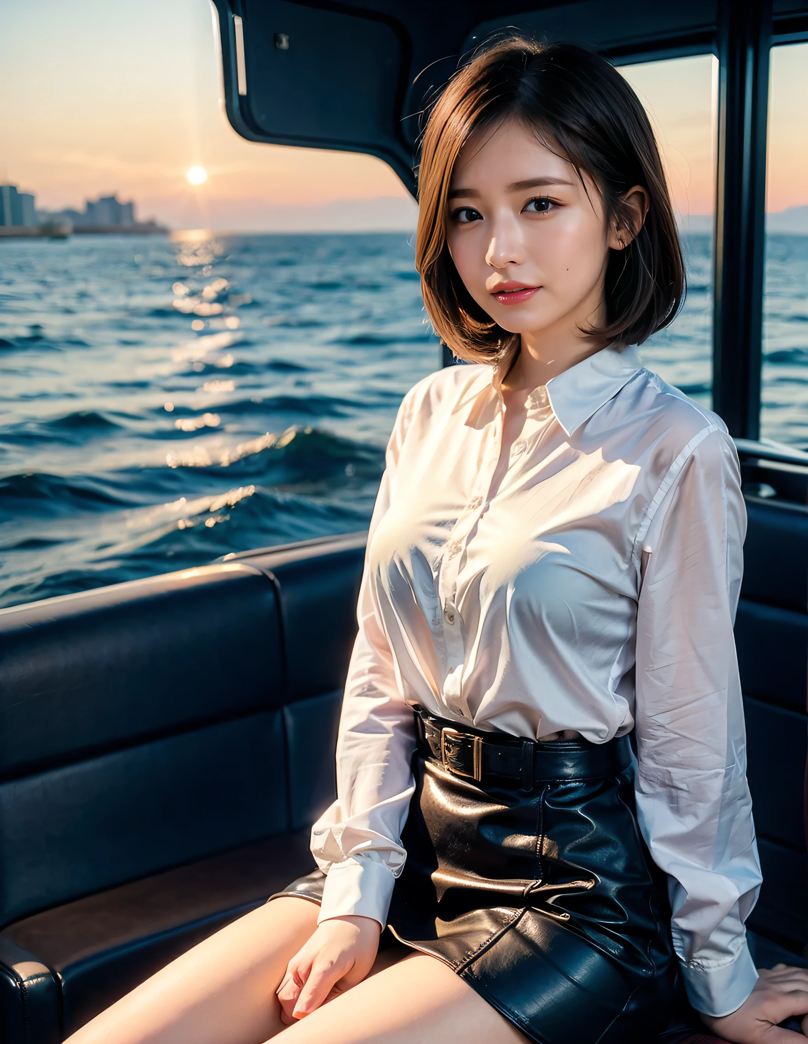 The sky turns red、Woman standing on a boat、Light brown hair、Elegant hairstyle、Blue Eyed Woman、A woman with a cute upward gaze、When the sky gets dark、The gentle lights of the ship shine、The sky turns red as the sun sets、Tight clothing that shows your body lines、、A classy white blouse or white collared shirt、The first button of her blouse is lewdly open、Genuine Leather Belt、革のShort skirt、Dress elegantly着こなす、Luxury Bags、、((Medium Short Hair:1.4))、Skyscrapers seen across the sea、Manhattan 私sland is visible offshore、Woman on a sightseeing boat、、The sun shines on her、Light brown hair、Light brown hair、The sky was dyed red、There are clouds、私t's cute、An elegantly dressed woman is sitting on a boat and watching the sunset、Her ample breasts are obvious even through her clothes..、The shining sun is so beautiful、Dusk is approaching、Lens flare、私 can see the sun setting、((Sunlight reflecting off the ocean、Ocean View、The sun shines on the ocean、'beautiful.、Small earrings、私t'evening、Birds are also flying、、Brown Hair Color、Tying up hair、The woman is on the right:1.4))、Luxury Leather Belts、Shiny clothes、Light beige hair color、Background Blur、Braid only the front hair、Light brown hair、{{Cowgirl Shot}}、((Close-up shot from the waist up、Ample breasts:1.4))、Smile、Silk clothing、Ample breasts that can be seen even through clothes、Braid only the front hair、Cowboy Shot、Gorgeous white collared silk shirt and brown skirt、Dress elegantly、Luxury Bags、A lovely smile、((Ample breasts))、Full body photo、ring、Short skirt、Tuck your hair behind one ear、Silver Necklace、smile、 Elegant ponytail、Caustics、Highly detailed photos、Very beautiful and ideal short hair、Super no makeup、(8k、RAW Photos、highest quality、masterpiece:1.2)、(Realistic、Realistic)、1 girl、((Medium Short Hair、Looking into the camera:1.4))、Hair blowing in the wind