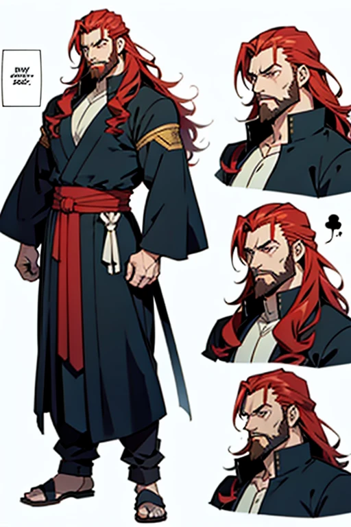 Anime guy with long red hair and beard, full body shots, manga page with panels and dialogue 