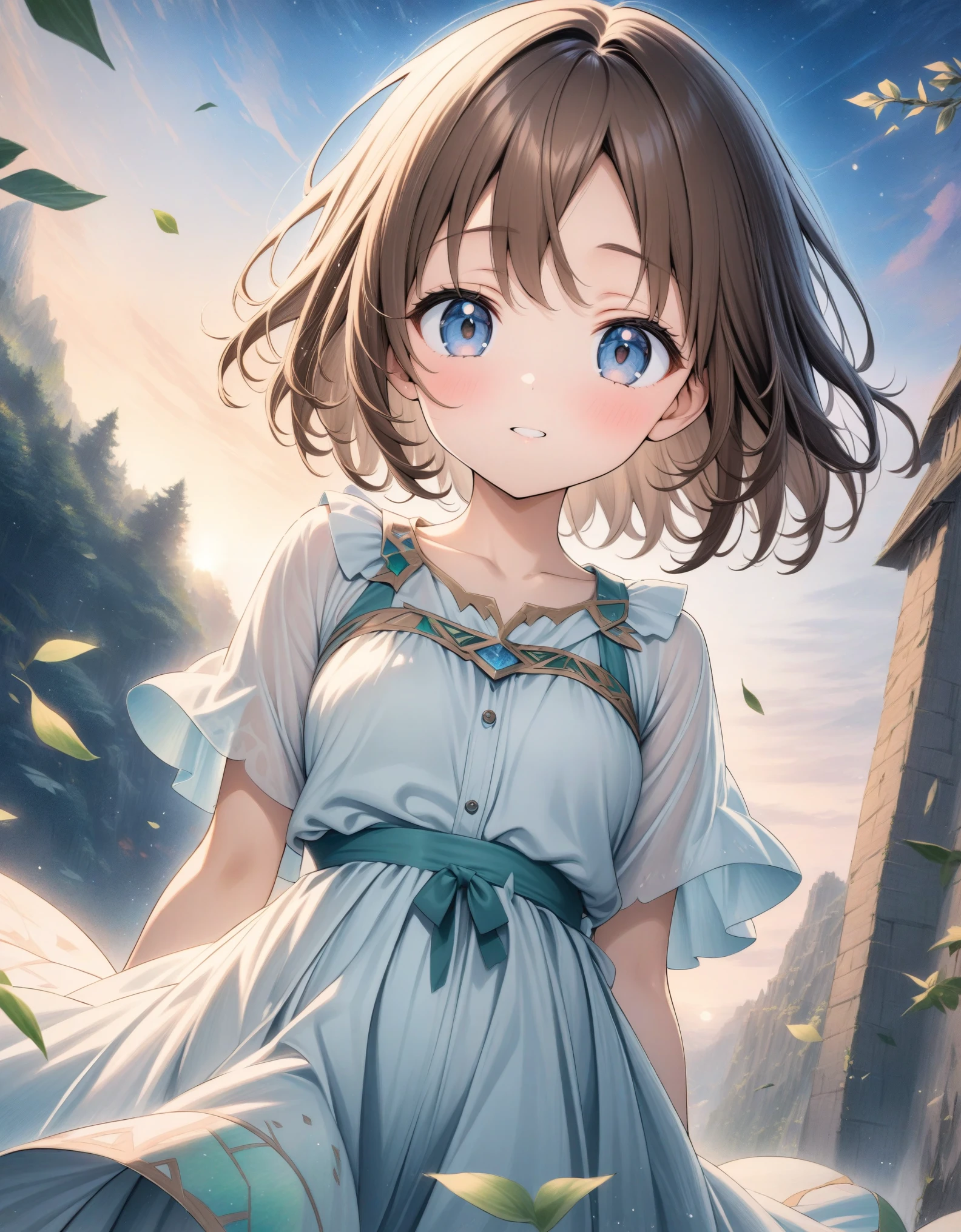 ((style:Colored pencil,pale colour)),(anime)、(masterpiece:1.2),atmospheric perspective,lens flare、Land of Earth、(Princess of the Earth)、Otherworldly fantasy、cute、Leaves swirl around、Brown princess dress、Light effects、Brown Hair、Droopy eyes、Short Bob、18-year-old