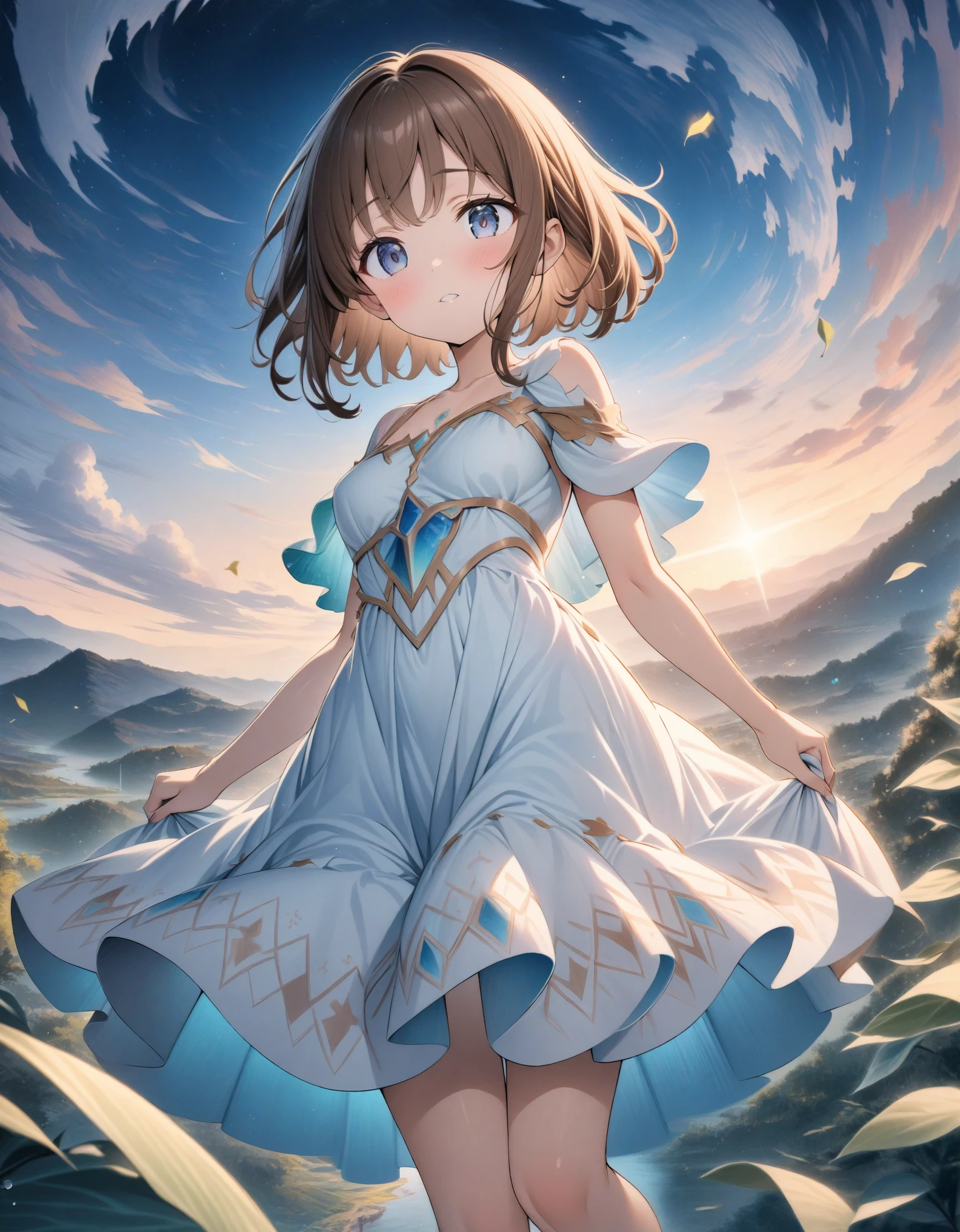 ((style:Colored pencil,pale colour)),(anime)、(masterpiece:1.2),atmospheric perspective,lens flare、Land of Earth、(Princess of the Earth)、Otherworldly fantasy、cute、Leaves are flying around、Brown princess dress with earth motif、Light effects、Brown Hair、Droopy eyes、Short Bob、18-year-old