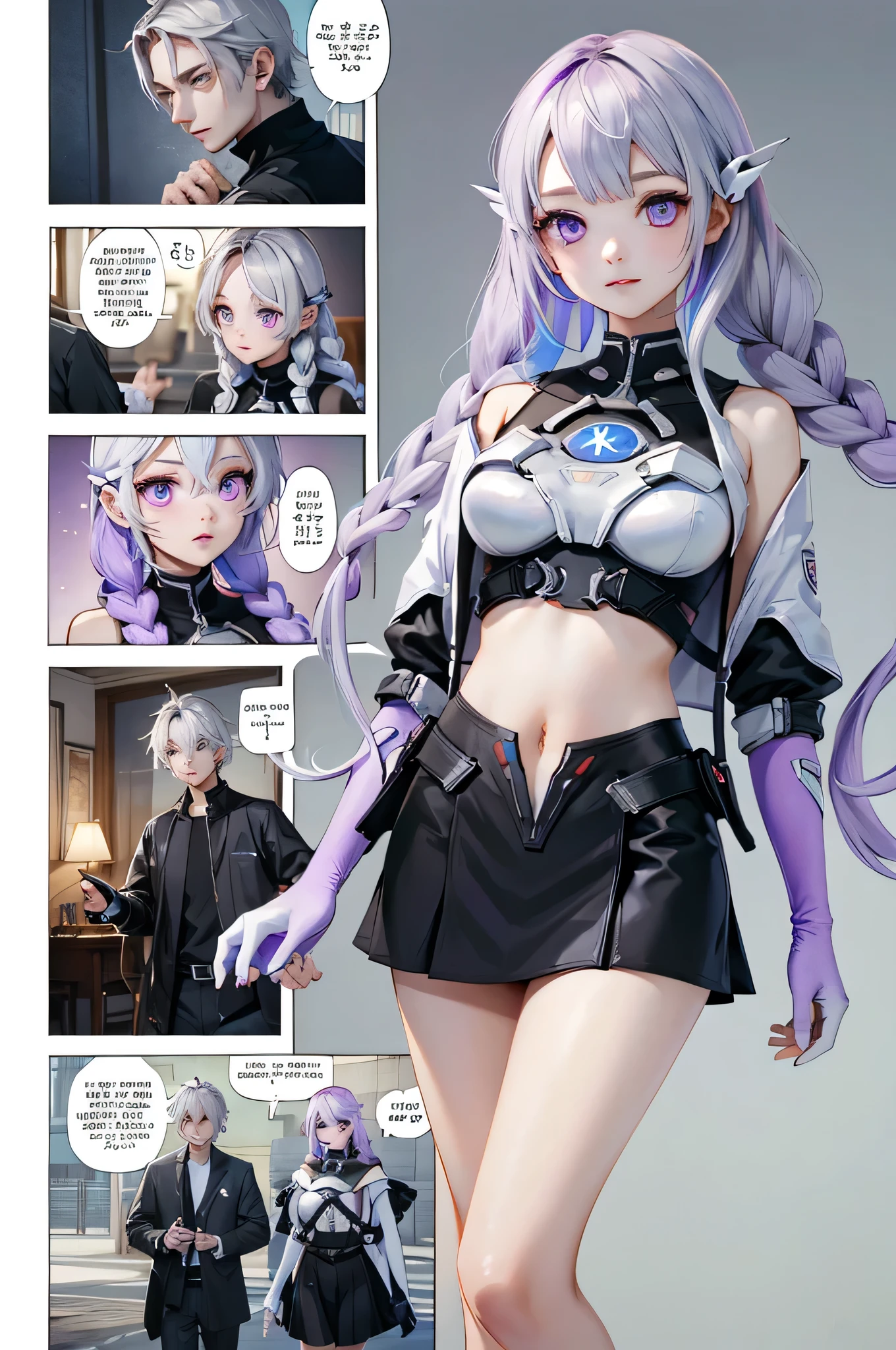 (masterpiece, highest quality), detailed, comics,Meeting between a man and a womanのシーン、 boy, School, Manga Page, Doujinshi, Download contents, anime, Branch Panel, (From right to left, Top to bottom), 1boy, (others boys, Various random faces, Various random hairs), (1boy, boy, Short white hair, school uniform)、highest quality、masterpiece、Official Art、16k、The best configuration、The best light source、Very detailed、so beautiful、Very detailedな目、Purple eyes、Twin-tailed braid、yinji,1girl,purple eyes, long hair, twin braids, purple hair, multicolored hair, elbow gloves, bangs, very long hair,bare shoulders, black skirt, grey hair, dress, smile, side cutout,covered navel, side cutout,Meeting between a man and a woman、like、Calm、