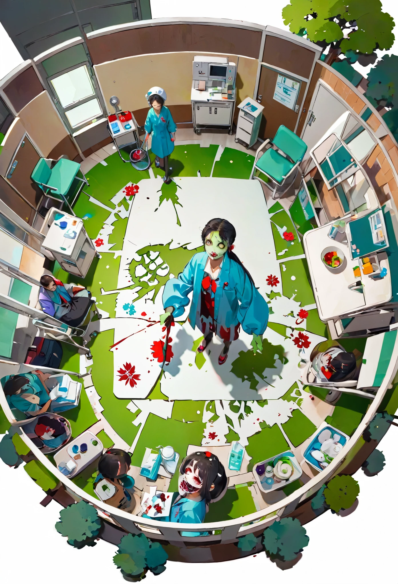 (((paper cutting style))), 1 zombie, hospital, from above