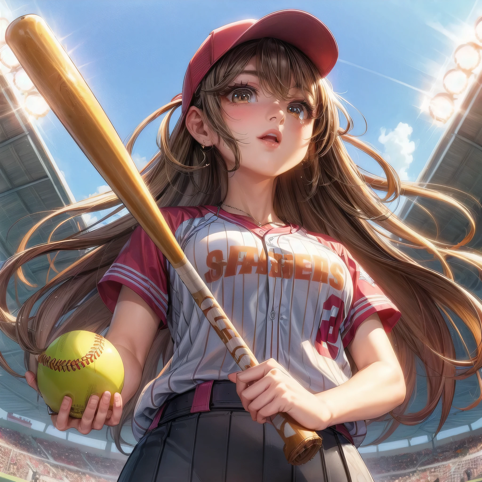  masterpiece, (textured skin), best quality, gorgeous beautiful girl, (a female softball athlete), detailed clothes,large breasts,narrow waist,, (beautiful face), cinematic lighting, (at softball venue),