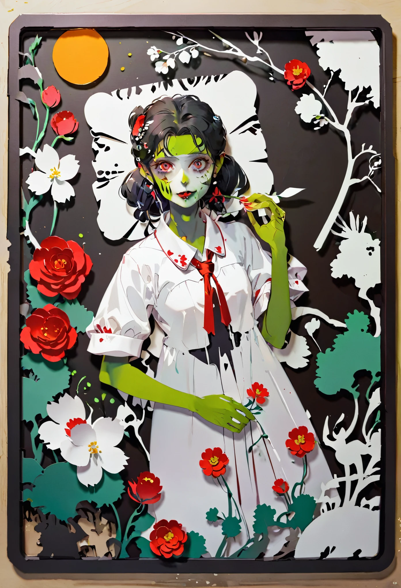 (((paper cutting style))), 1 zombie, hospital, from above