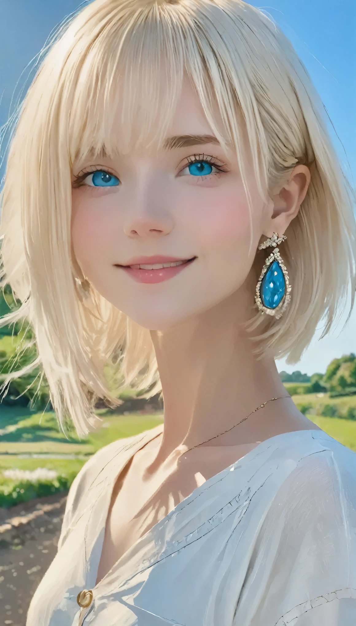 Detailed face, Cute Face, masterpiece , highest quality , woman , The bowler has , bangs , smile , Outdoor, Shiny, platinum blonde, silky, super short hair, Side Lock, beautiful shiny bangs, Big clear sky blue eyes, Very beautiful light eye highlighter, Earrings