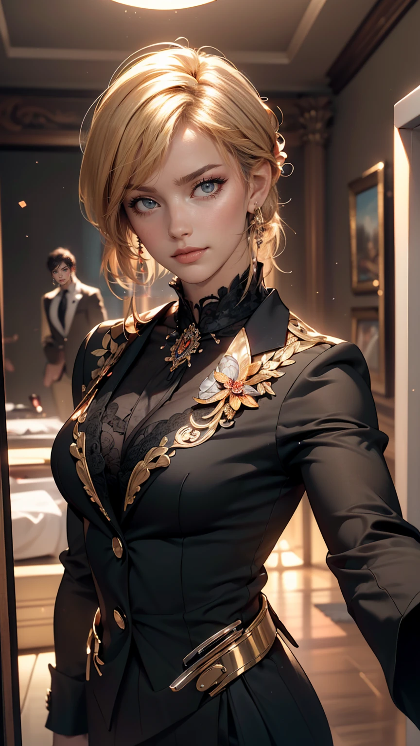 (original) , (Highly detailed wallpaper) , (highest quality) , (masterpiece) , Photographic reality, Realistic, Highly detailed illustration , Beautiful Eyes, (Delicate face) , Perfect detail, (Best lighting) , (Very intricate details) , Super detailed, , Kogal,((Selfie)), ((Black Suit 1.5)), , 4K Integration, (Super fine CG: 1.2) , (8k: 1.2) , Realistic, Octane Rendering
