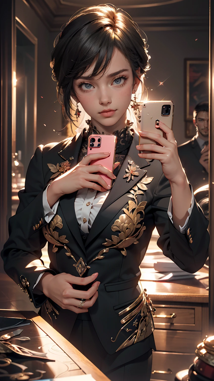 (original) , (Highly detailed wallpaper) , (highest quality) , (masterpiece) , Photographic reality, Realistic, Highly detailed illustration , Beautiful Eyes, (Delicate face) , Perfect detail, (Best lighting) , (Very intricate details) , Super detailed, , Kogal,((Selfie)), ((Black Suit 1.5)), , 4K Integration, (Super fine CG: 1.2) , (8k: 1.2) , Realistic, Octane Rendering