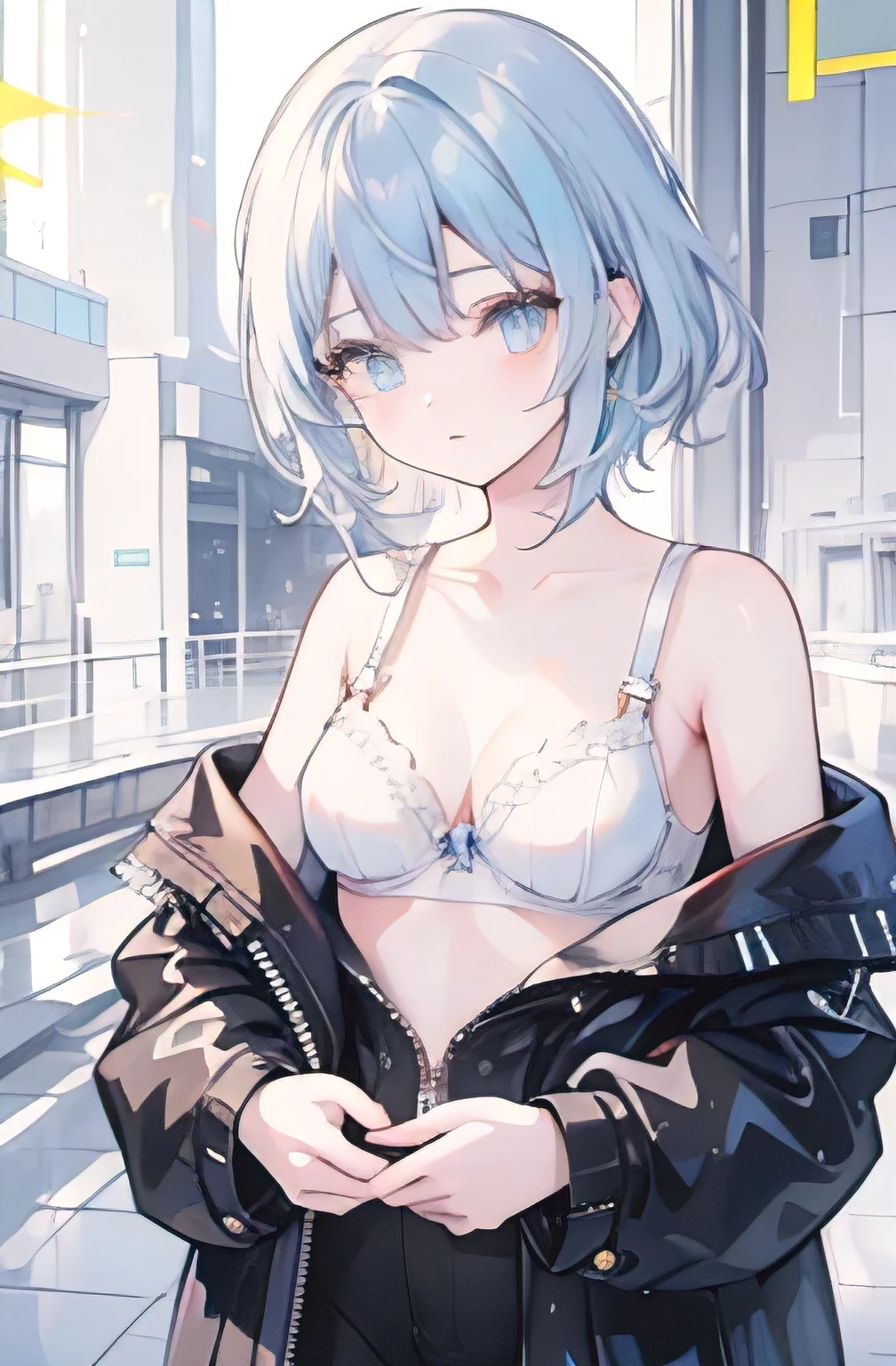 (1girl),character, (masterpiece:1.3), (best cinematic quality:1.2), (extremely detailed setting:2), (soft+artistic lighting),short blue haired, (eyes+yellow+red:1.4), (multicolored eyes+heterochromia), wearing cyberpunk clothes, futuristic, technological, city scenery with ,giving dramatic scenery. / photography of a 20yo woman, perfect face, masterpiece, bra, underwear, white_bra, white_panties