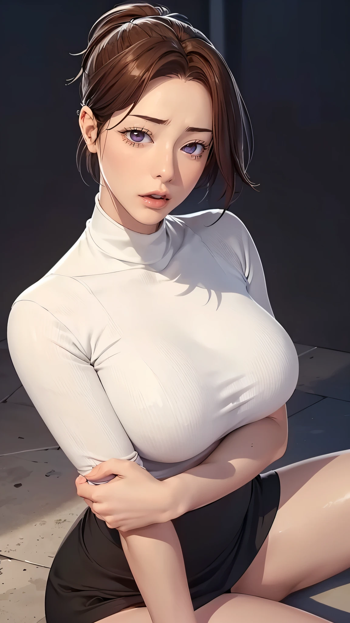 （（（完美figure，figure，solo， White and tender skin，（（（Cyberpunk，red turtleneck shirt, black skirt, ））），（（（junescdef,brown hair,purple eyes,medium hair，））），((masterpiece)),high resolution, ((Best quality at best))，masterpiece，quality，Best quality，（（（ Exquisite facial features，Looking at the audience,There is light in the eyes，(（（lol，Happy，））），））），（（（Light and shadow，Huge breasts））），（（（Looking at the camera，black background，Lying on the ground，Overlooking)）））