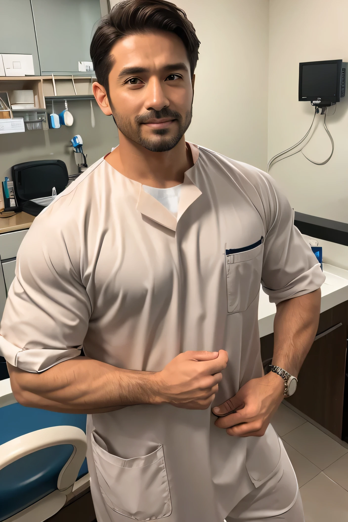 Create an image of a tall and muscular male veterinarian with a happy face, standing in a rich and luxurious clinic with money visible in the background. The vet should have one hand in his pocket, exuding a relaxed and confident demeanor. The image should be captured in a cinematic style, with dramatic lighting and a shallow depth of field to create a sense of depth and dimension, muscular huge body man, slightly unshaved, bodybuilder, round face