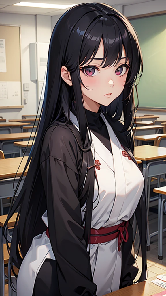 Masterpiece, Best quality, beautiful high school anime girl with black silky hair, wearing japanese high , detailed face, detailed eyes, in a classroom 