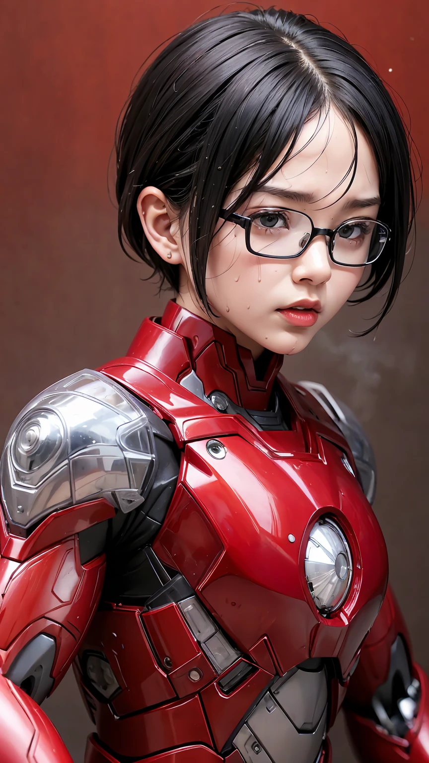 highest quality　8k Red Iron Man Suit Girl　Kindergarten girl　Sweaty face　cute　short hair　boyish　Steam coming from the head　My hair is wet with sweat　Black hair feel　Full body portrait　My upper body is soaked　Glasses