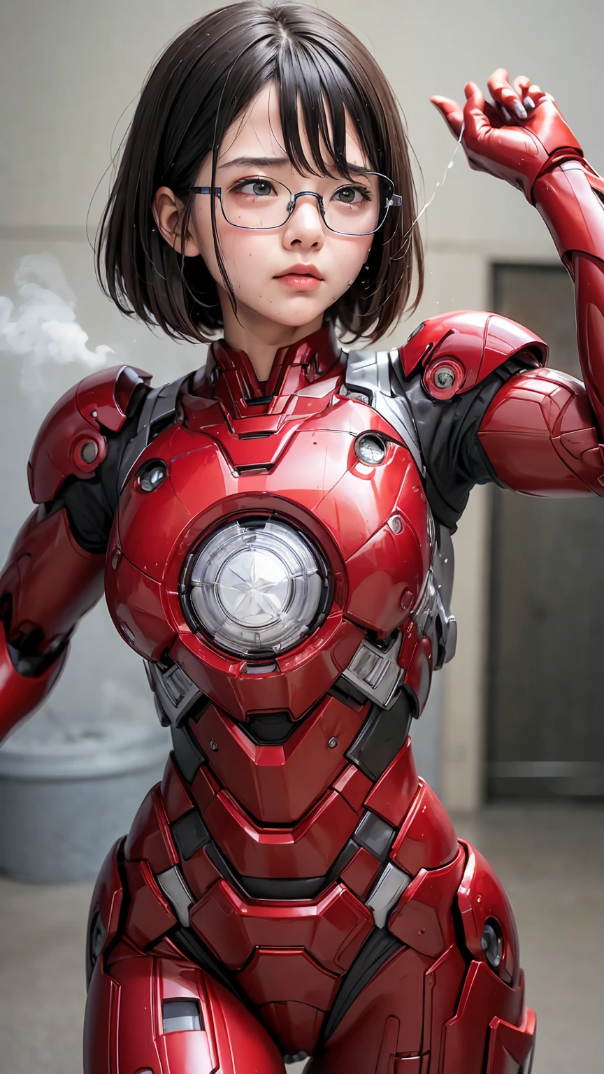 highest quality　8k Red Iron Man Suit Girl　Kindergarten girl　Sweaty face　cute　short hair　boyish　Steam coming from the head　My hair is wet with sweat　Black hair feel　Full body portrait　My upper body is soaked　Glasses