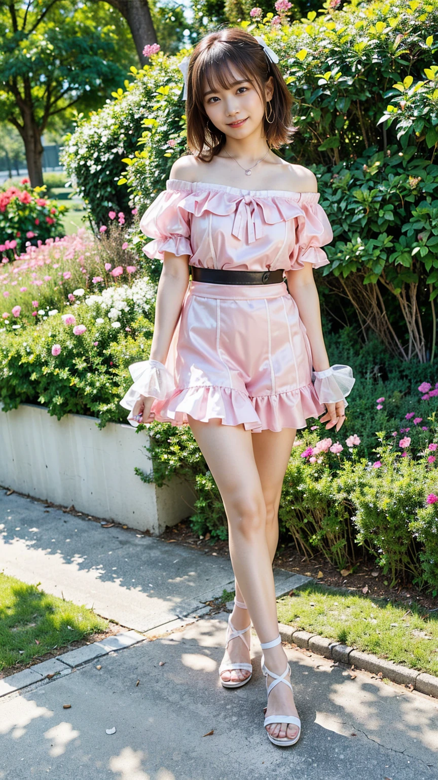 (8k、RAW Photos、highest quality、masterpiece:1.2)、(Realistic、Realistic)、1 girl、((mini skirt、Large Breasts、Pink and white、Frills、Off the shoulder、See-through、Sandals、Arm Covers、ribbon、smile、garden、View from the front、smile、Are standing))、