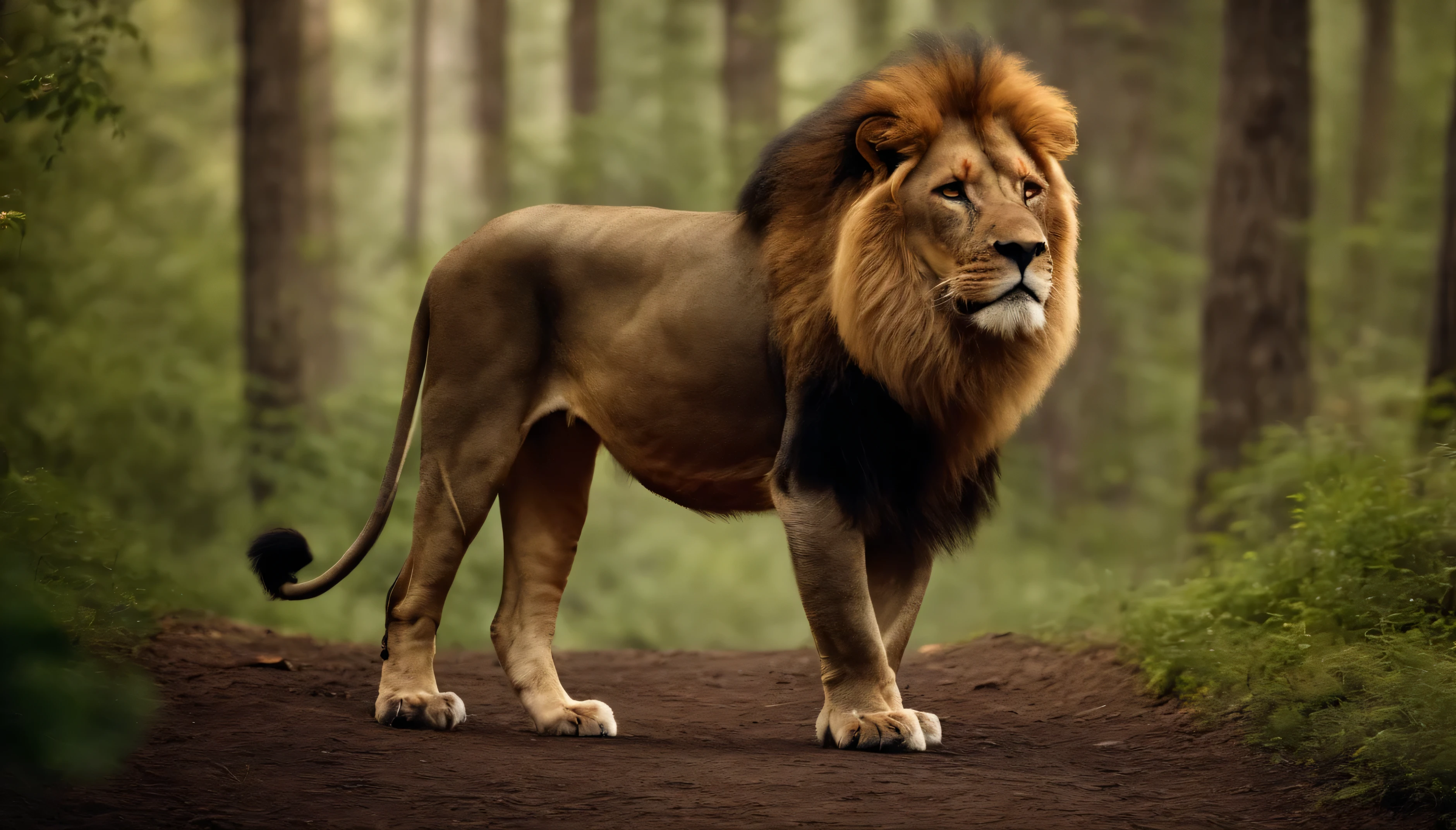 Wild animal lion angry, shouting, big eyes and jungle background