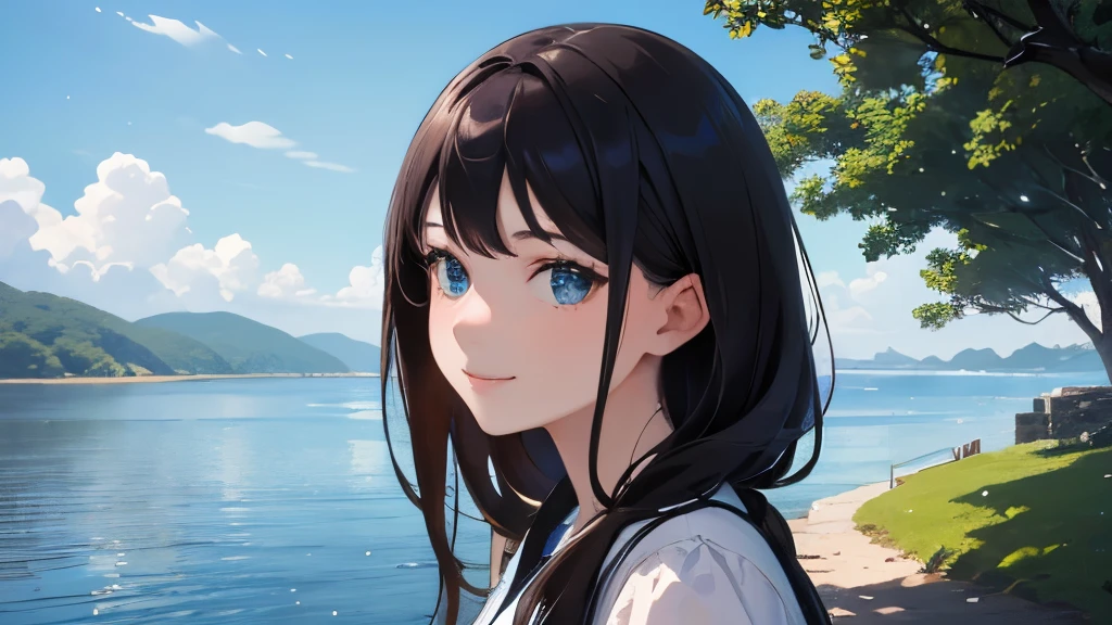 Sparkling ocean and tranquil coastline, Sunny sky with fluffy white clouds, Green trees along the coast々々, Pleasant sea breeze. shape,Young woman with dark hair, smile,Glitter effect,highest quality, 4K, 8k, High resolution, masterpiece:1.2, Very detailed, Realistic:1.37, High resolution, 超High resolution, Studio Lighting, Ultra-fine painting, Sharp focus, Physically Based Rendering, Very detailedな説明, Professional, Vibrant colors, Bokeh, Portraiture, landscape, photograph. Blue dominates the color palette, Natural light scene