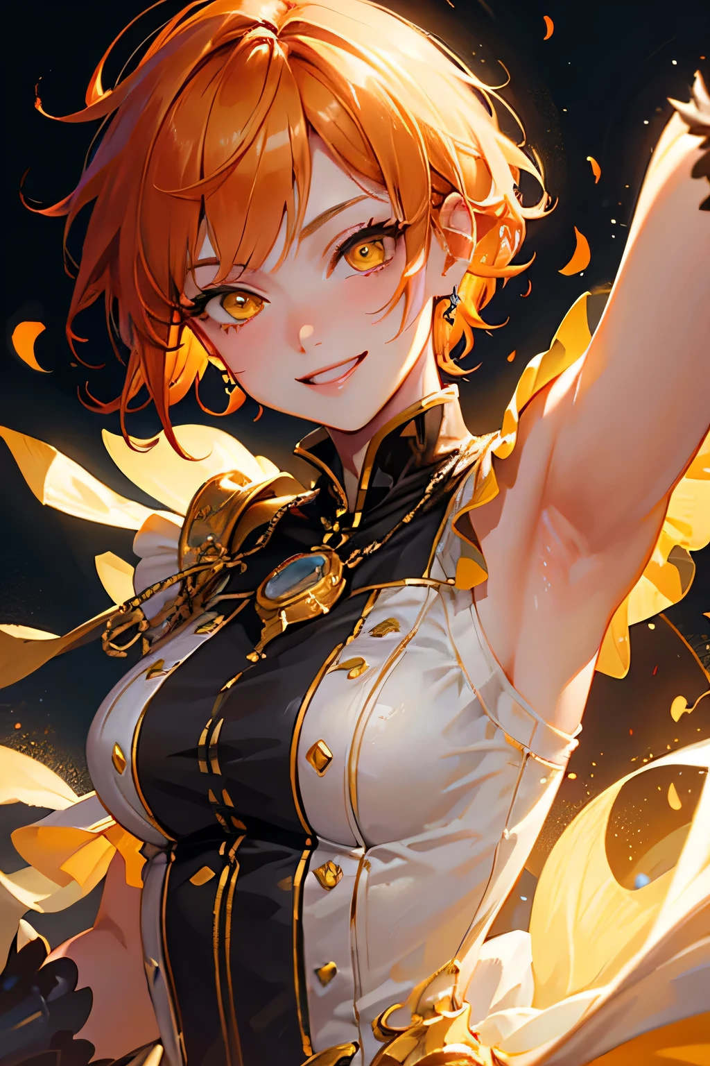 masterpiece, (highest quality), up to date、Orange Hair, (Glowing yellow eyes)、short hair, Adult woman wearing an ivory dress、Pirate Background、Upper body close-up、((A strong smile))