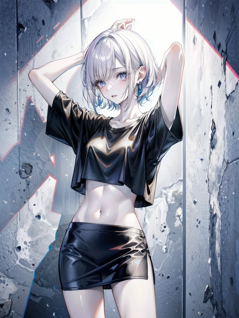 whole body, perfect body, pale skin, 20 years old, tearful mole, earring, short medium hair, wavy hair, tight skirt, cropped T-shirt, Leaning against wall, arms up behind,