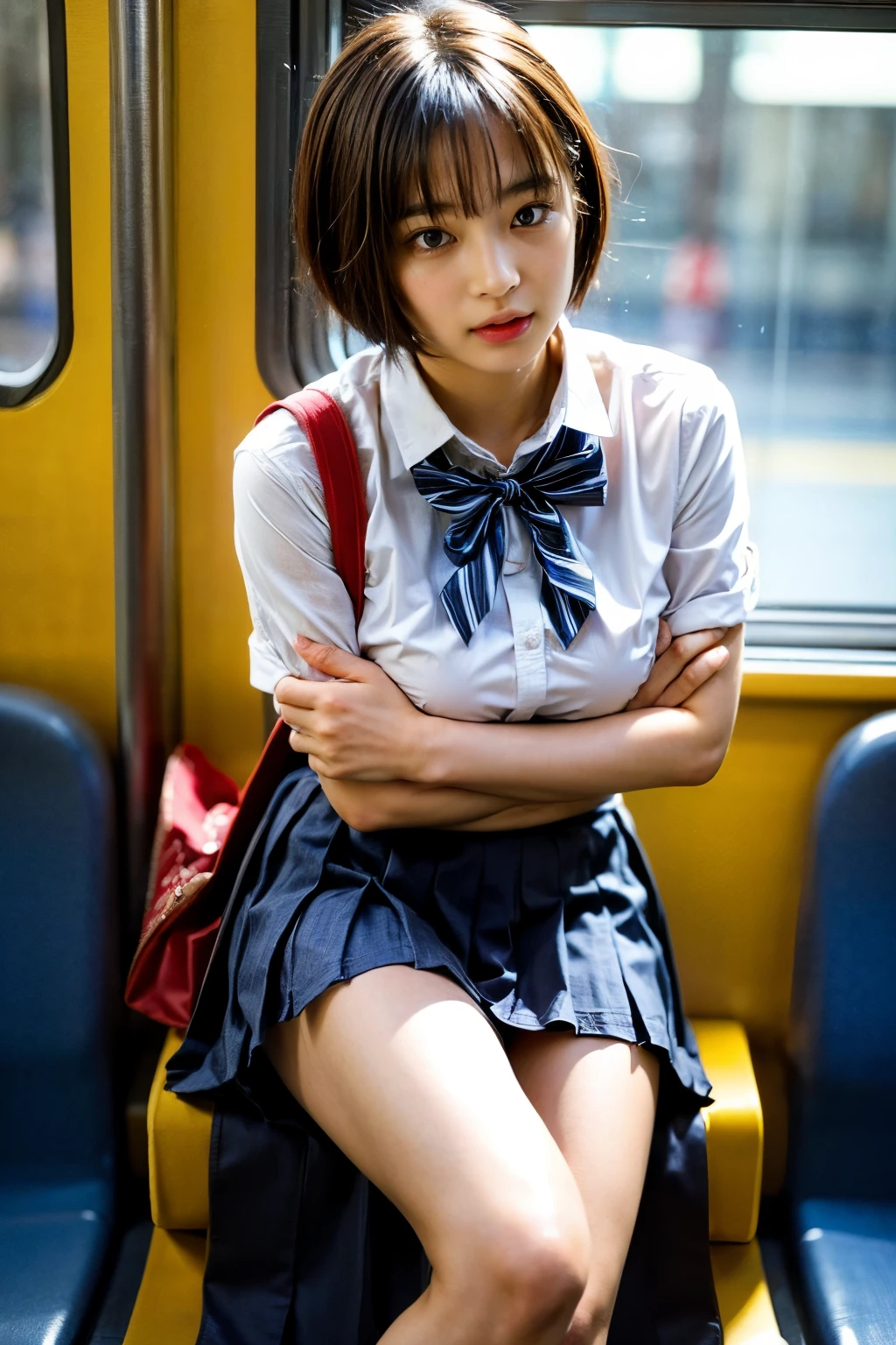 (8K、Raw photo、highest quality、masterpiece:1.2)、(realistic、Photoreal)、1 girl,(High school girl pulls up her skirt on the train and shows off your panties:1.6)、(cute face:1.3)、Japanese 1 girl,(Japan High School Girl)、(1 real high school girl)、(Japan High School Uniforms:1.6),small breasts,perfect skin,detail skin,(cute girl,short hair,Squeezing breasts:1.7)