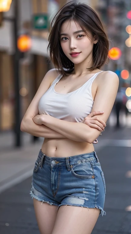 (masterpiece, best quality:1.1), (8k, raw photo, photo realistic:1.2, f22), (shiny skin), detailed skin, medium breast, medium bob hair:1.3, detailed face, detailed eyes, BREAK, real world, intricate details, smil, BREAK, 1girl, full body, (tank top:1.4, denim shorts), BREAK, (night city:1.3)