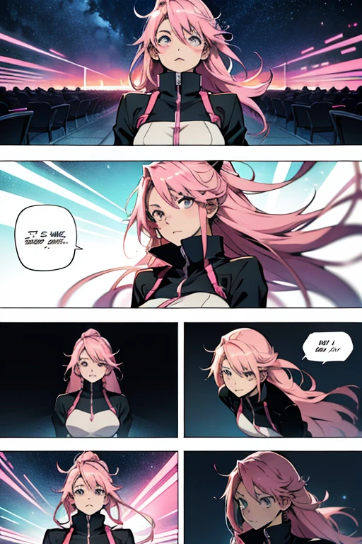 Crazy Anime girl with pink hair teleporting away, manga page with panels and dialogue