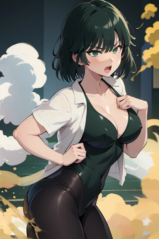 Fubuki, wearing default outfit, default hair, green hair, farting, fart, yellow smoke, climax, open mouth, relieved 