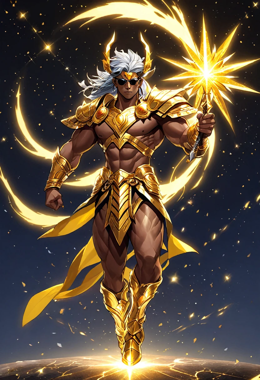 (masterpiece, best quality:1.1),
(ultra highres, ultra-detailed:1.2) ,god of thunder,handsome,tanned dark skin,(Indian Armor),chest armor,Holding a Vajra,(sunglasses),(fullbody),divine,thunder effects,(yellow sparkle:1.5) ,