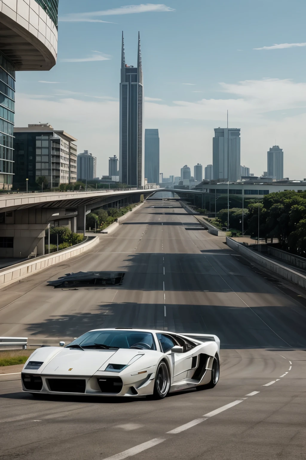 A thrilling race between a Ferrari F-40 and a white Lamborghini Countach unfolds in a striking, futuristic cityscape. Towering high-rise buildings adorned with mirrored glass create an eclectic skyline, with sunken architectures elegantly blending into the surroundings. The city's core features a prominent highway, starting as a road and then soaring into a long overpass that extends towards the horizon, offering a breathtaking view. The day is a crisp noon, with a clear, azure sky as the backdrop. The city's streets, paved with clean concrete, show minimal greenery as low trees line the avenues