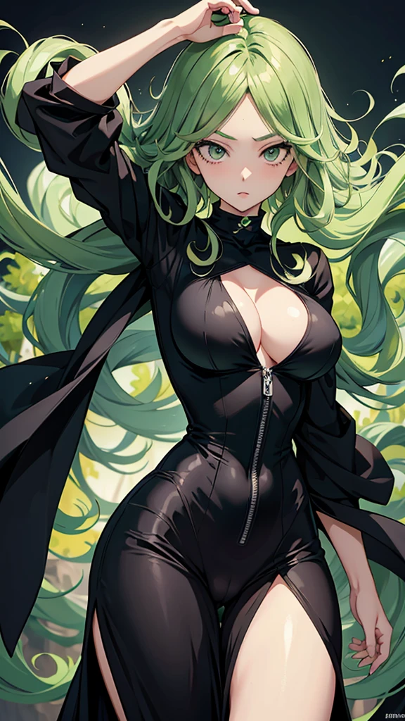 Masterpiece, Best Quality, anime girl with green curly hair wearing black outfit, pelvic curtain, tatsumaki from one punch man, tatsumaki, detailed face, detailed eyes, detailed body