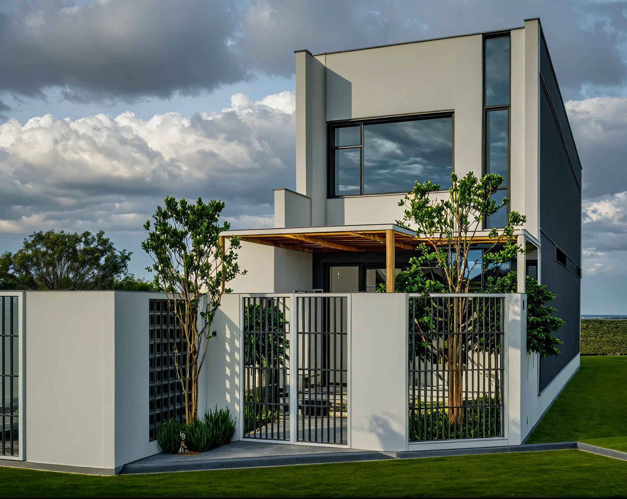 Masterpiece, high quality, best quality, authentic, super detail, outdoors, onestoreyvillaXL, aiaigroup, house style modern on the street ,stairs, white wall ,dark grey wall, glass window, road,pavement, grass, trees, sky, cloud, (night light:1.1)