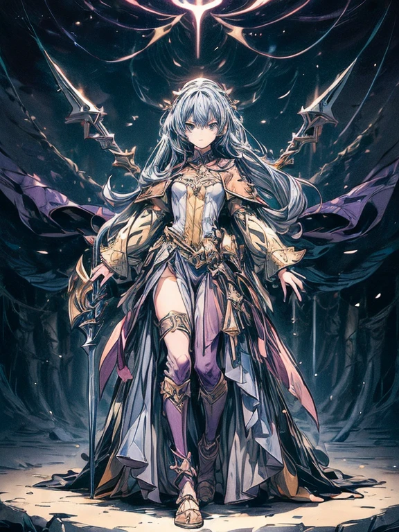 Design a layout showcase Gaming character, (1girl).
Golden|Purple clothes, stylish and unique.
((showcase weapon:1.4)), magic staff.
(masterpiece:1.2), (best quality), 4k, ultra-detailed.
(Step by step design, layout art:1.5), (luminous lighting, atmospheric lighting).
magican, ((glove full hands)), (((revealing clothes:1.3))), vambraces, armored legwear, (((full_body_shot:1.4))).
{In a mystical forest|On a magical battlefield}.