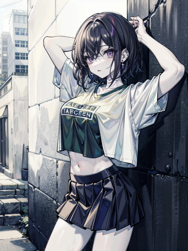 whole body, perfect body, pale skin, 20 years old, tearful mole, earring, short medium hair, wavy hair, big tits, tight skirt, cropped T-shirt, Leaning against wall, arms up behind,
