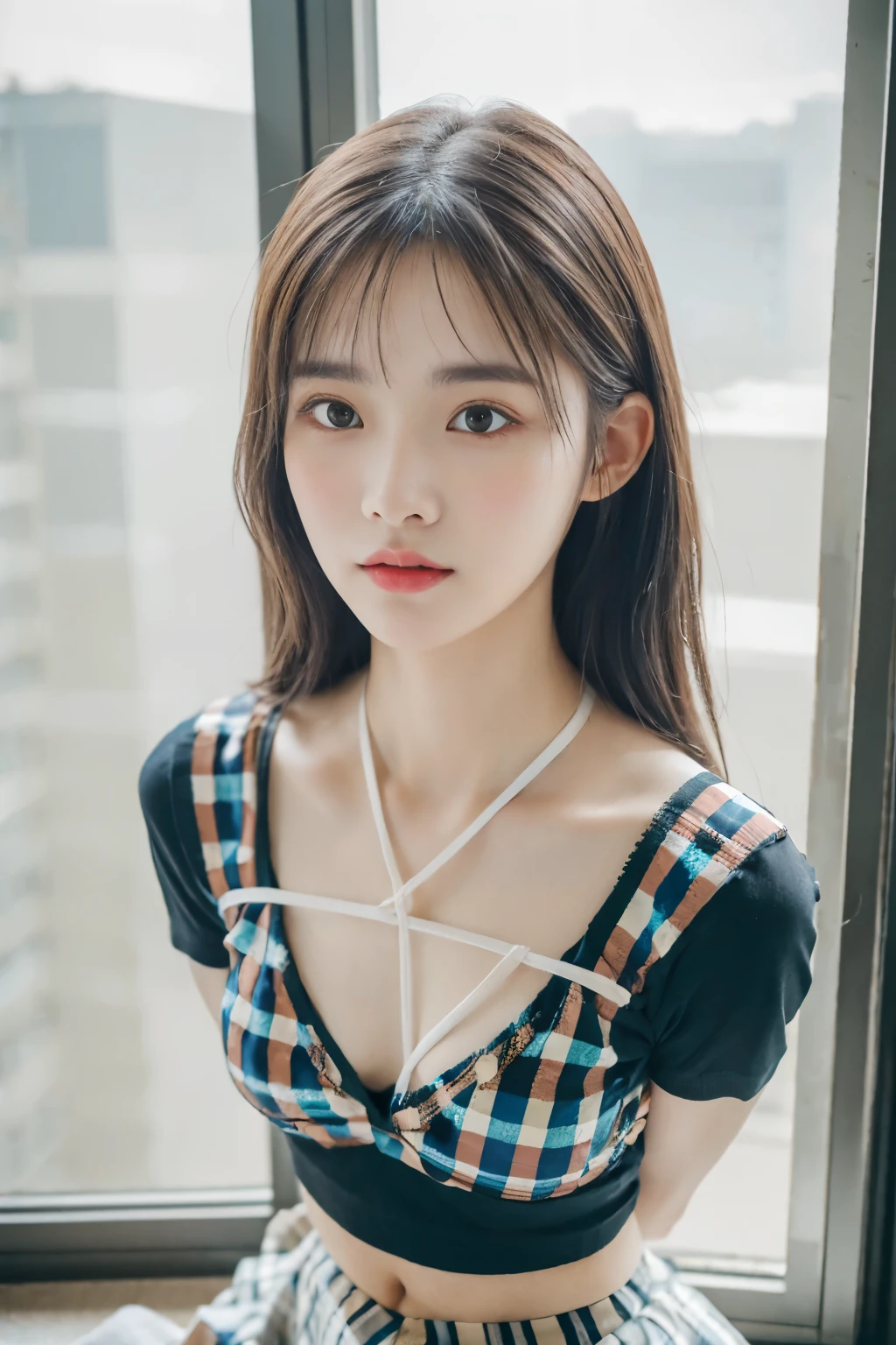 Raw photo, highest quality, masterpiece:1.2), highest quality, figure, Very detailed, Fine details, High resolution, wallpaper, Perfect dynamic composition, (Detailed high quality, Realistic depiction of eyes:1.3)、A woman who has been and has her hands tied、Arms wrapped around his back, hands tie behind back, Put duct tape over your mouth、Inside a beautiful hotel room at night、Sitting on the floor with knees up、Outside the window is a night view、 With legs wide open、(The bra is white、Panties are white、Panty shot)、Blue Short Sleeve Blouse、(Tartan plaid pleated skirt)、whole body、The whole thing faces forward、、High school girls、Wearing loafers、Wearing knee-high socks、Beauty、Well-formed face、Make your eyes even、Beautiful black hair、Has bangedium build、Well-balanced proportions、Beautiful legs、Fresh face、Beautiful scenery、, Surrealism, cinematic lighting, first-person view, f/1.2, Nikon, cowboy shot, 8k, masterpiece, 8k, UHD, award winning, best quality, highres, high details, textured skin
