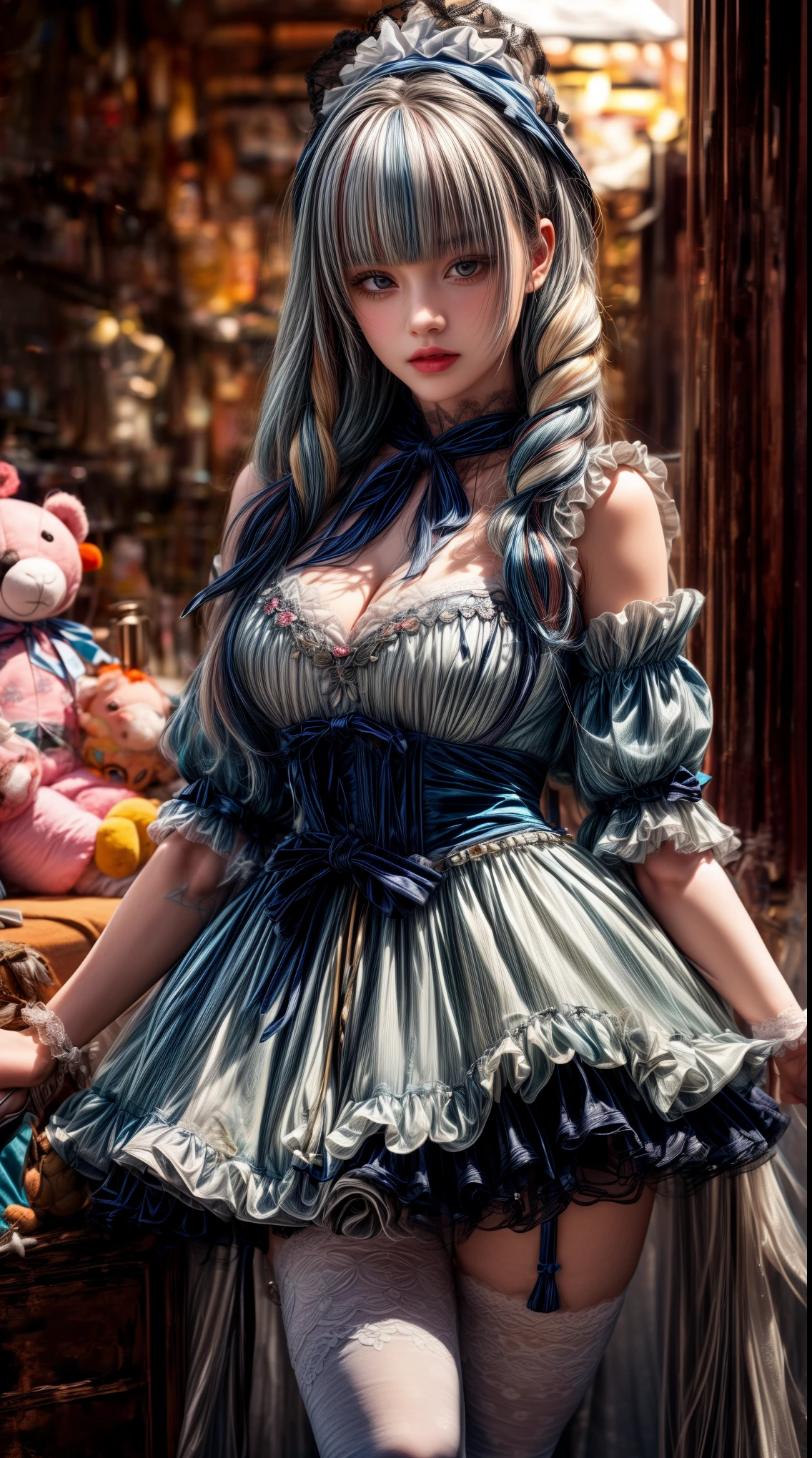 Mature Woman、Light blue hair、((Light grey hair))、(((Two-tone hair)))、A white lolita dress with delicate light blue decorations、Slender women、Cute Woman、 8K Ultra HD,Detailed face、Delicate texture, Long Hair、(((Blunt bangs)))、(((Drill Hair)))、Tutu skirt、thigh length tights、short boots、((Oriental Lolita))、mini skirt、A room in a Western-style building、((Delicate photo)),(Girl Astepeace RAW Photo Details:1.25), (highest quality:1.6), (超A high resolution:1.5), (Realistic:1.75), 8K resolution, Canon EOS R5, 50mm, Absurd, Very detailed,Cinema Lighting、((stuffed toy:1.3))、Browsing Caution:1.5