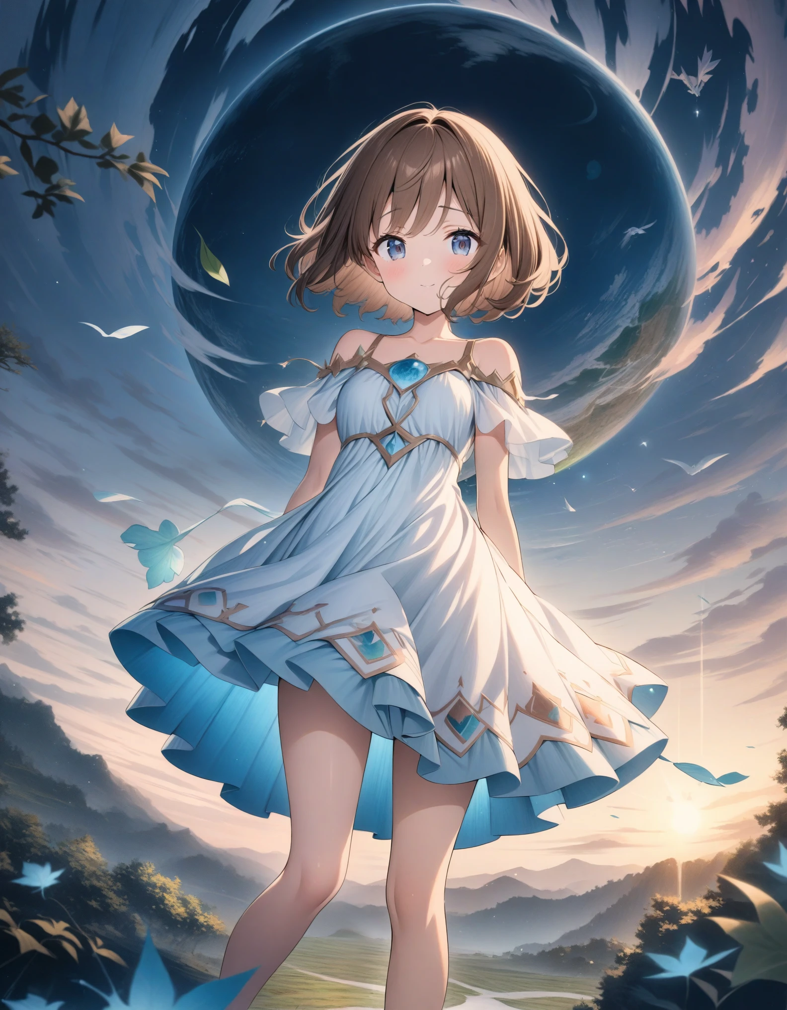 ((style:Colored pencil,pale colour)),(anime)、(masterpiece:1.2),atmospheric perspective,lens flare、Land of Earth、(Princess of the Earth)、Otherworldly fantasy、cute、Leaves are flying around、Brown princess dress with earth motif、Light effects、Brown Hair、Droopy eyes、Short Bob、18-year-old