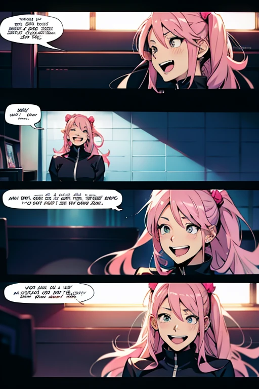 Anime girl with pink hair, laughing in insanity, manga page with panels and dialogue